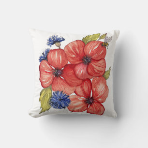 Red Poppy and Blue Cornflower Watercolor Throw Pillow