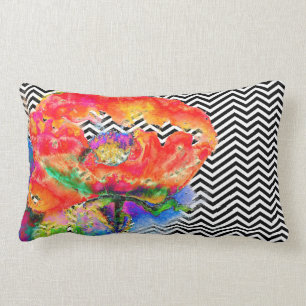 Red Poppy - black and white chevron Lumbar Pillow