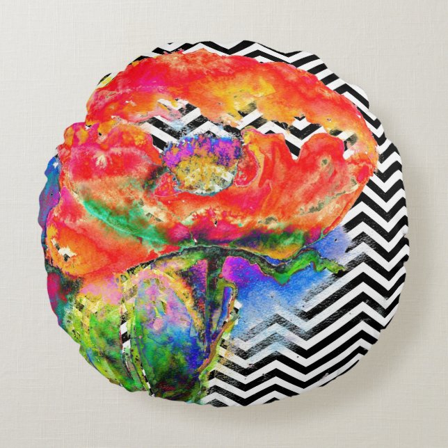 Red Poppy black and white chevron Round Pillow (Front)