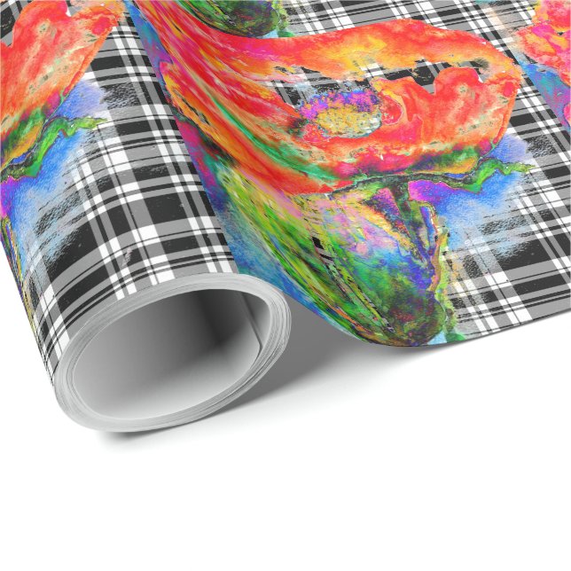 Red Poppy - black and white plaid Wrapping Paper (Roll Corner)