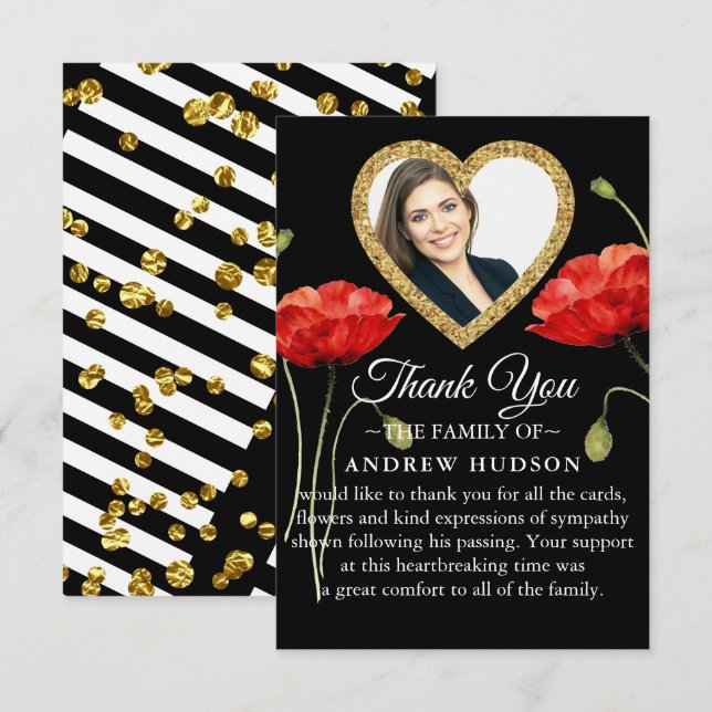 Red Poppy Black Modern Funeral Thank You Card (Front/Back)