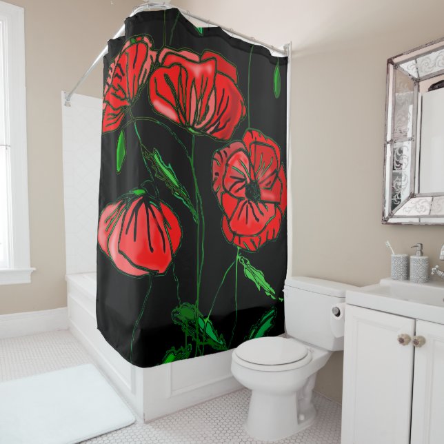Red Poppy Black Shower Curtain - Choose Colours (In Situ)