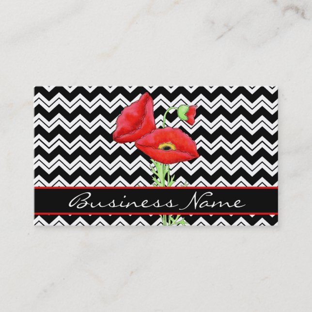 Red Poppy Black White Chevron Zizzag Custom Business Card (Front)