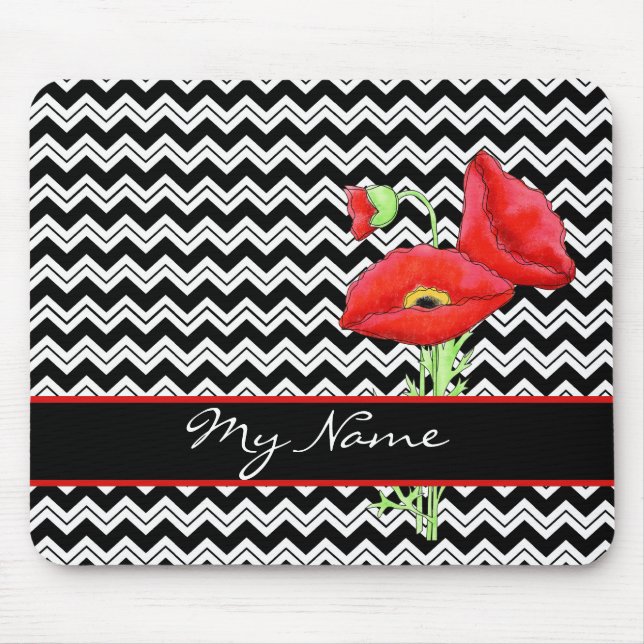 Red Poppy Black & White Personalize Chevron Zizzag Mouse Pad (Front)