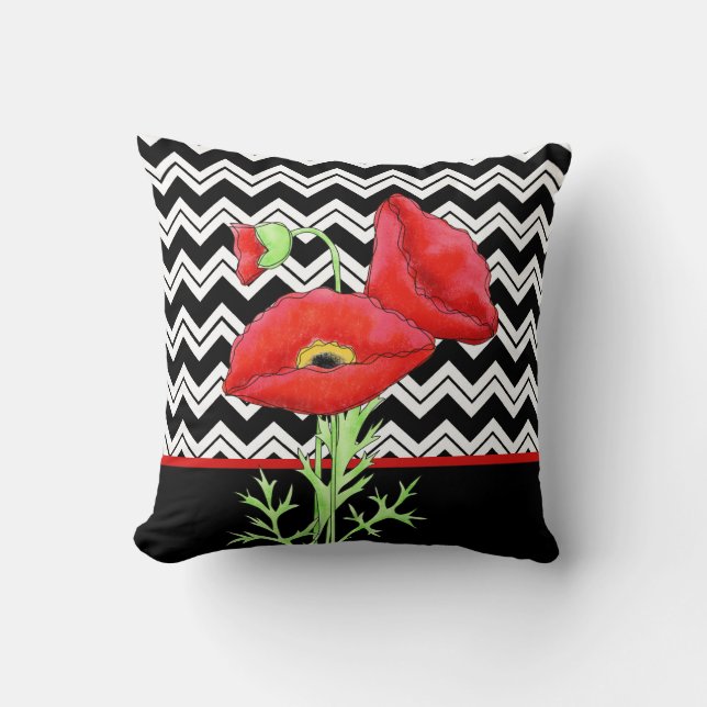 Red Poppy Black White Zigzag Chevron Decorative Throw Pillow (Front)
