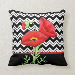 Red Poppy Black White Zigzag Chevron Decorative Throw Pillow