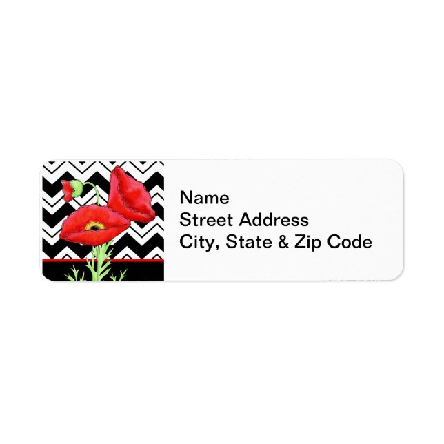 Red Poppy Black & White Zizzag Chevron Étiquette (Devant)