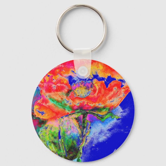 Red Poppy - blue background Keychain (Front)