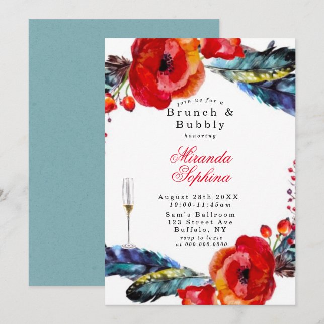 Red Poppy Boho Feathers Brunch & Bubbly Invite (Front/Back)