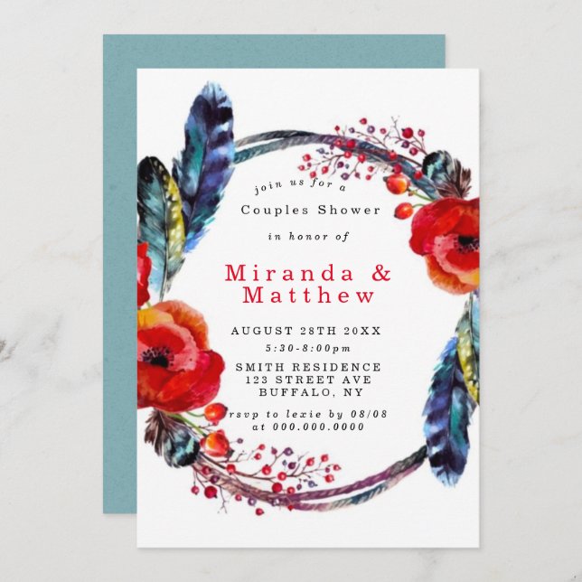 Red Poppy Boho Feathers Couples Douche Invitation (Devant / Derrière)