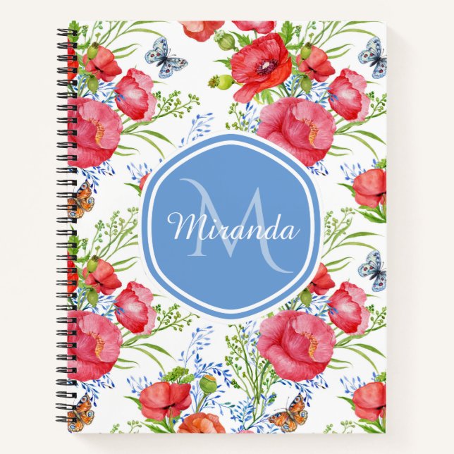 Red Poppy Butterfly Monogram Name Notebook (Front)