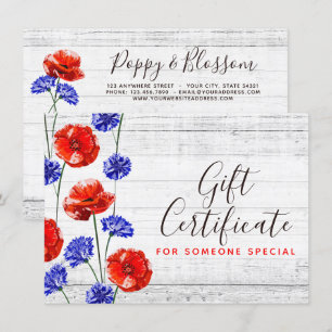 Red Poppy Cornflower Rustic Gift Certificate Card