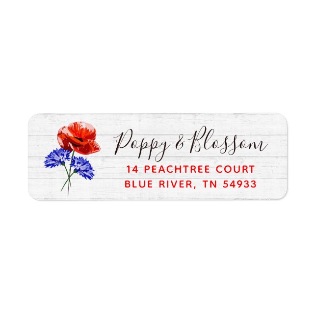 Red Poppy & Cornflower Rustic Wood Adresse de reto (Devant)