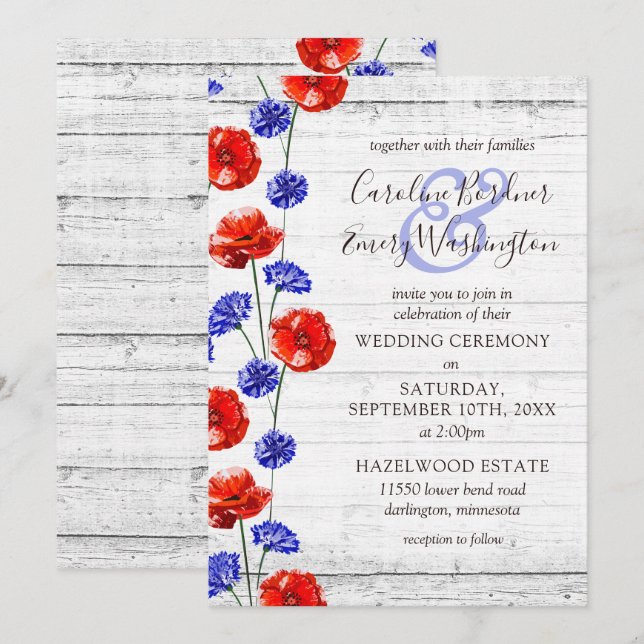 Red Poppy & Cornflower Rustic Wood Floral Wedding Invitation (Front/Back)