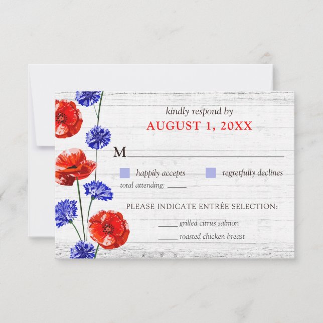 Red Poppy Cornflower Rustic Wood Wedding RSVP Card (Front)