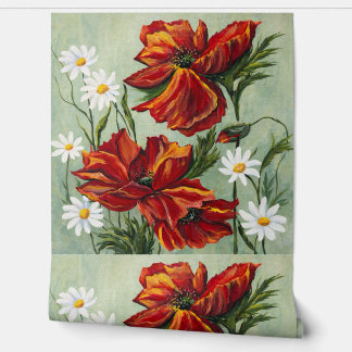 Red Poppy & Daisy Floral Wallpaper