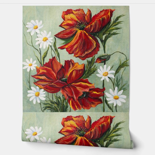 Red Poppy & Daisy Floral Wallpaper (Unrolling)