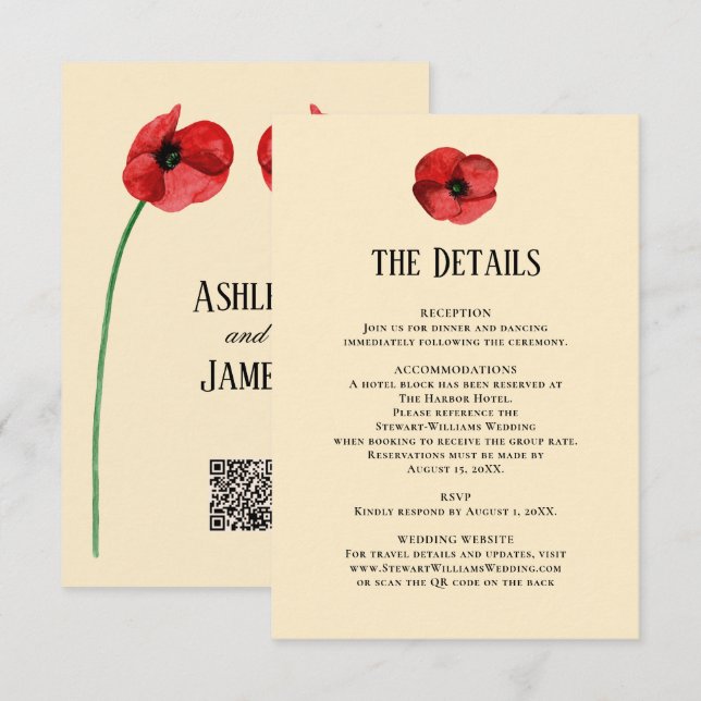 Red Poppy Details Reception Information Wedding  Enclosure Card (Front/Back)