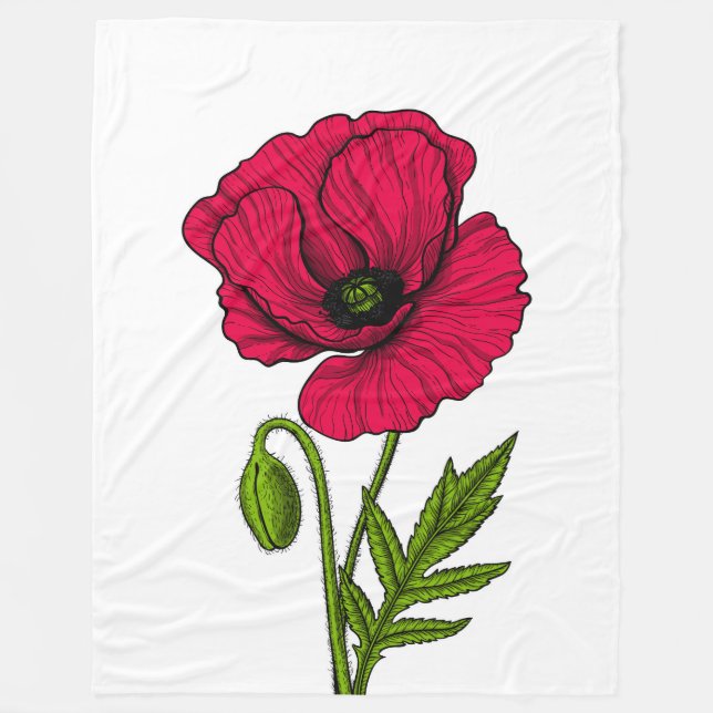 Red poppy drawing fleece blanket (Front)