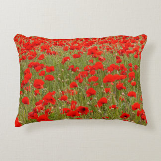 Red poppy field of flowers tie accent pillow