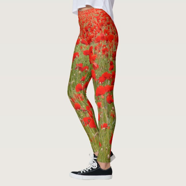 Red poppy field of flowers tie leggings (Left)