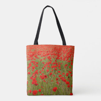 Red poppy field of flowers tie tote bag