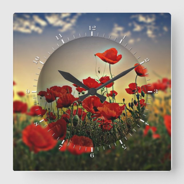 Red Poppy Field Square Wall Clock (Front)