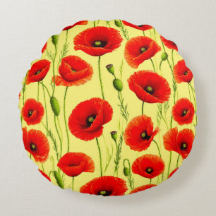 Red Poppy Field With Garden Stem Pattern Decor Round Pillow