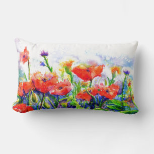 Red Poppy Fields -watercolor floral painting Lumbar Pillow