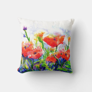 Red Poppy Fields watercolor floral painting Throw Pillow