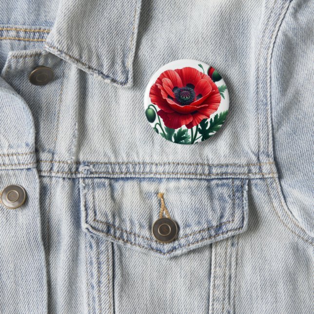 Red Poppy Floral 2 Inch Round Button (In Situ)