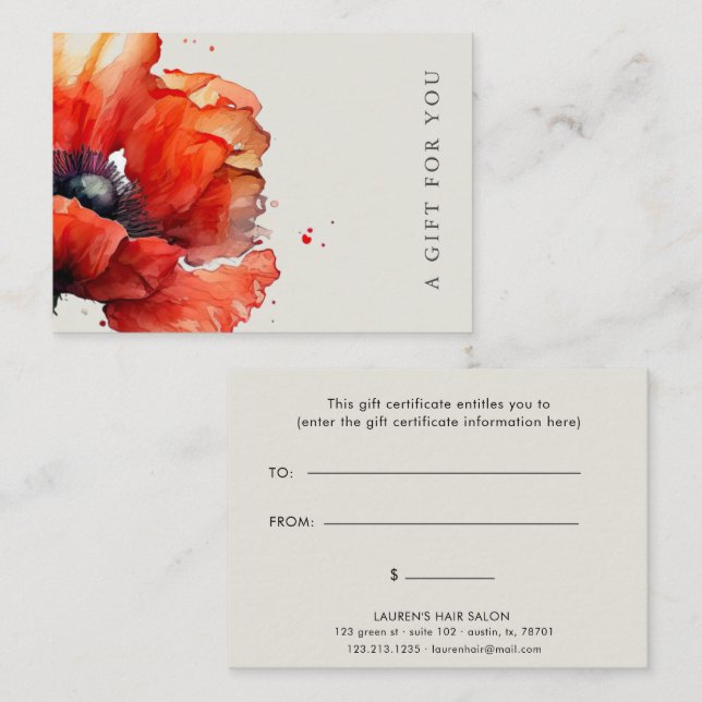 Red Poppy Floral Elegant Gift Certificate (Front/Back)