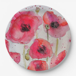 Red Poppy floral Flower Pattern Paper Party Plate