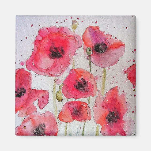 Red Poppy floral Flower Pattern Paper Party Plate Magnet (Front)