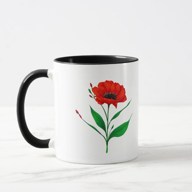 Red Poppy floral illustration Mug (Left)
