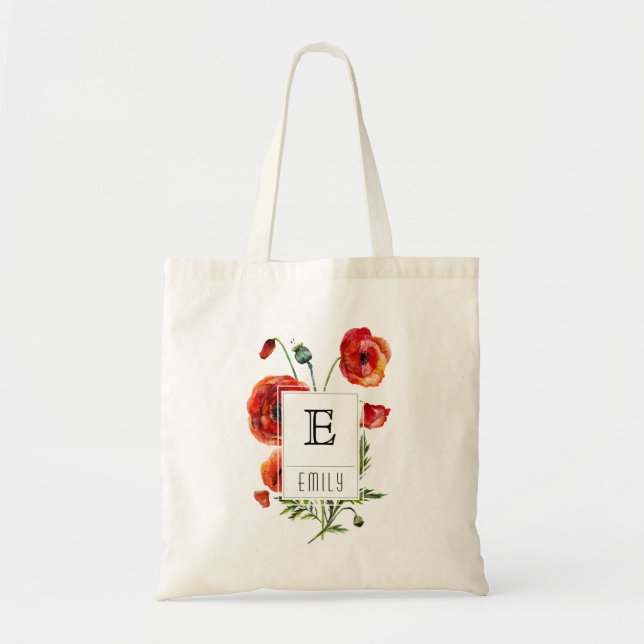 Red Poppy Floral Monogram Personalized Tote Bag (Front)