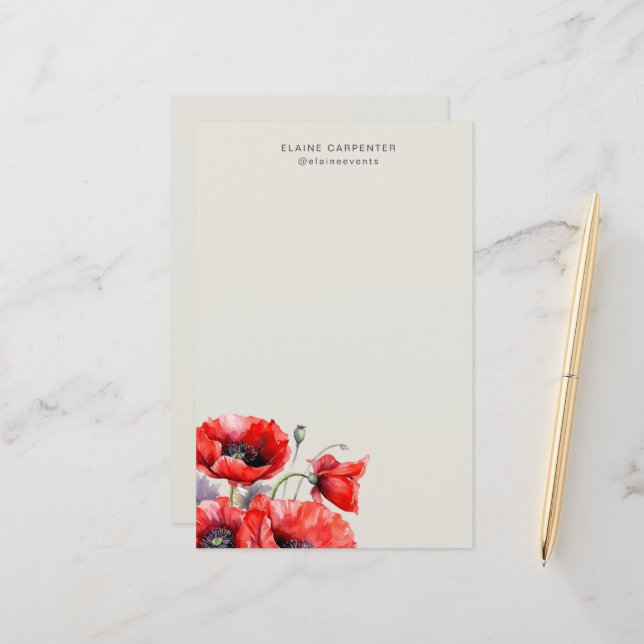 Red Poppy Floral Monogram Stationery Paper (Front/Back In Situ)