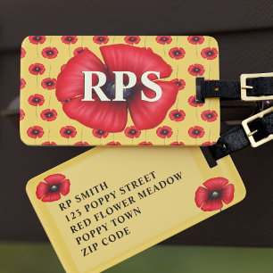 Red Poppy Floral Monogram Yellow Luggage Tag