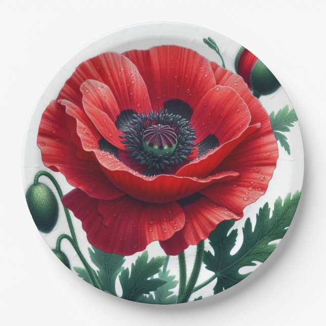 Red Poppy Floral Paper Plate (Front)