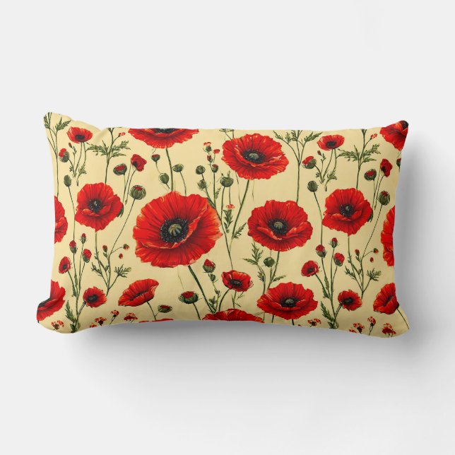 Red Poppy Floral Pattern Lumbar Pillow (Front)