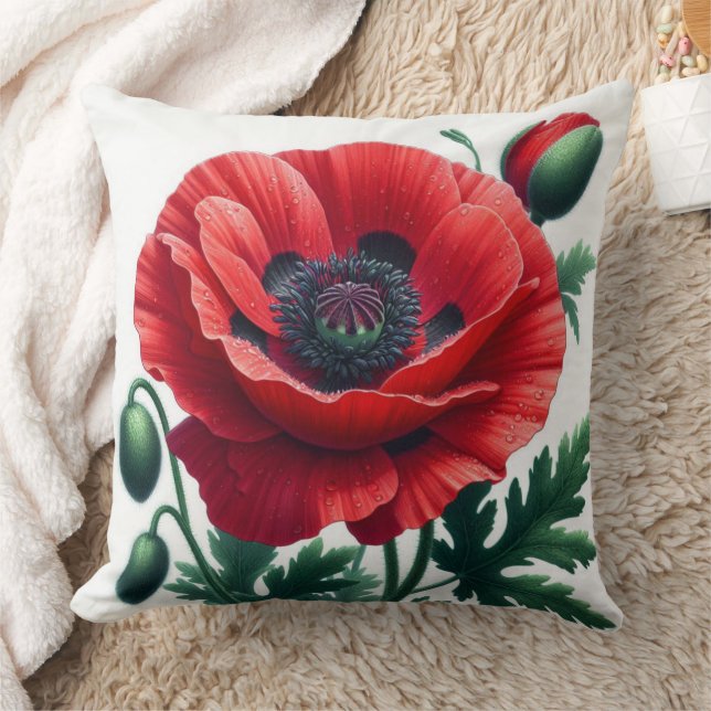 Red Poppy Floral Throw Pillow (Blanket)