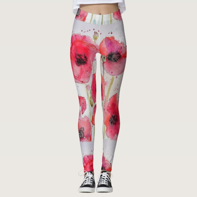 Red Poppy Floral Watercolor Art Leggings (Front)
