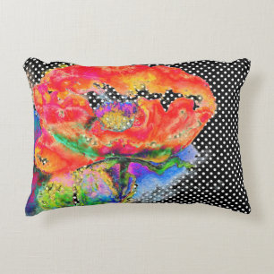 Red Poppy floral watercolor polka dot accent Pillow