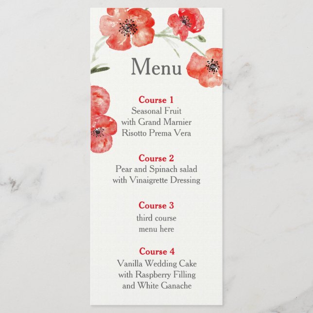 red poppy floral wedding menu (Front)