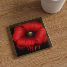 Red Poppy Flower Art Personalized Glass Coaster