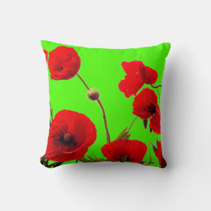 Red Poppy Flower Colourful Bright Neon Green Flora Throw Pillow