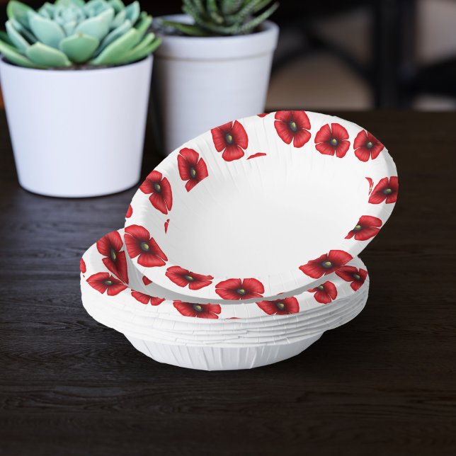 Red Poppy Flower Edge Red and White Floral Paper Plate (Pop your popcorn into these pretty poppy paper bowls. Perfect for picnics in the park)