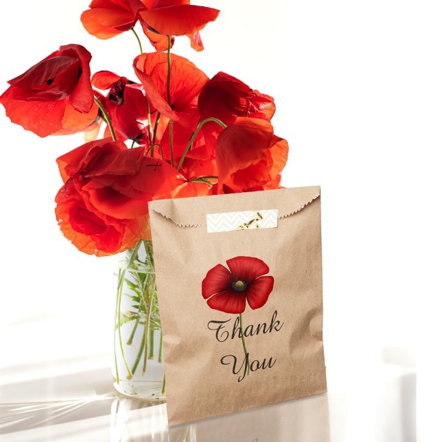 Red Poppy Flower Elegant Thank You Kraft Favour Bag (Say thank you with a poppy and pop your gifts into these pretty floral favor bags)