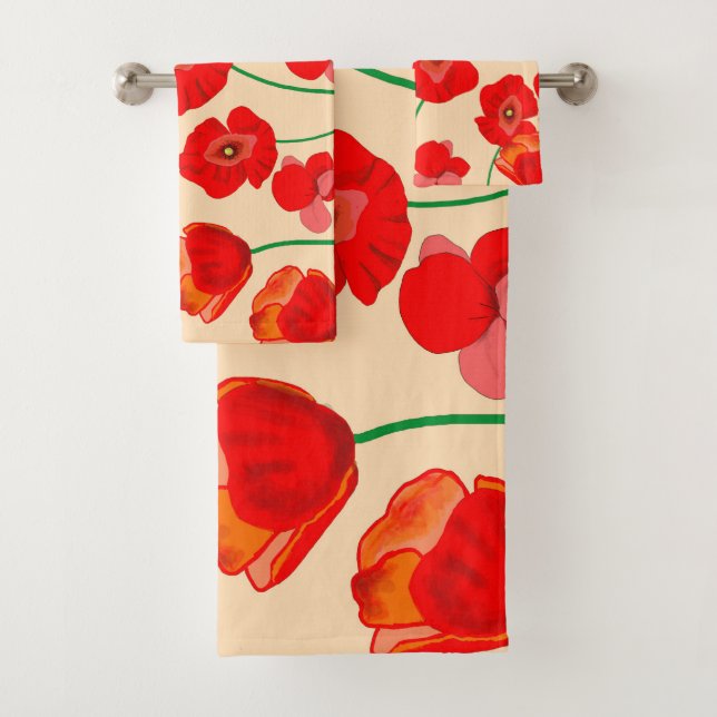 Red Poppy Flower Field on beige background    Bath Towel Set (Insitu)