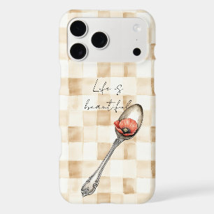 Red Poppy Flower on Spoon Cream Plaid Stripes